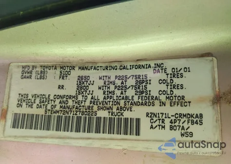 2001 Toyota Tacoma из США, поврежденный, VIN 5TEWM72N71Z780225